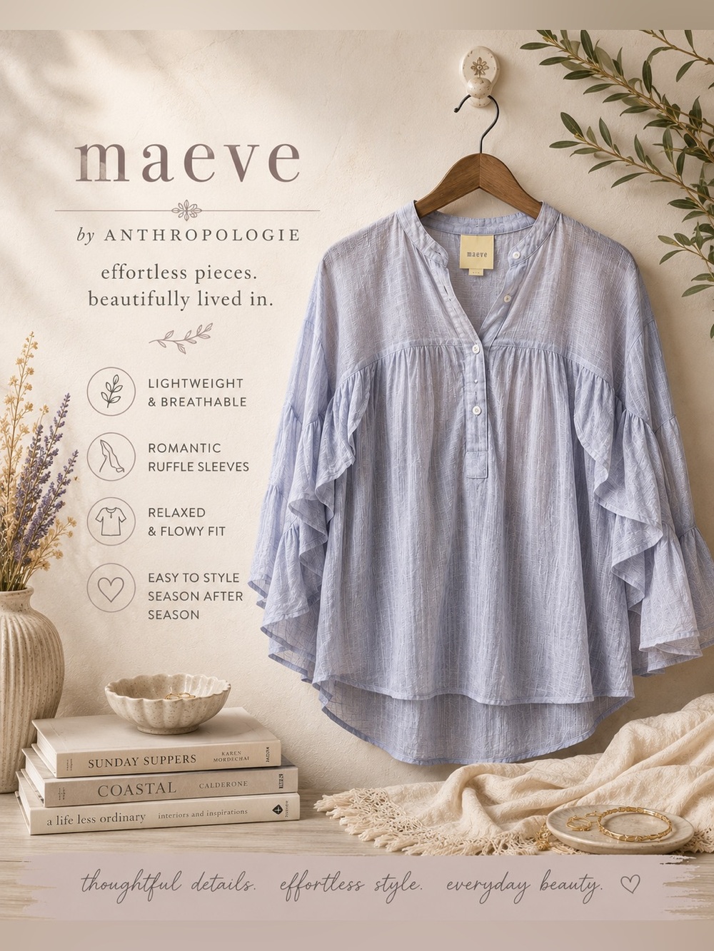 Anthropologie Maeve Mischa Pin Striped Ruffle Sleeve Sheer Boho Costal Popover M
